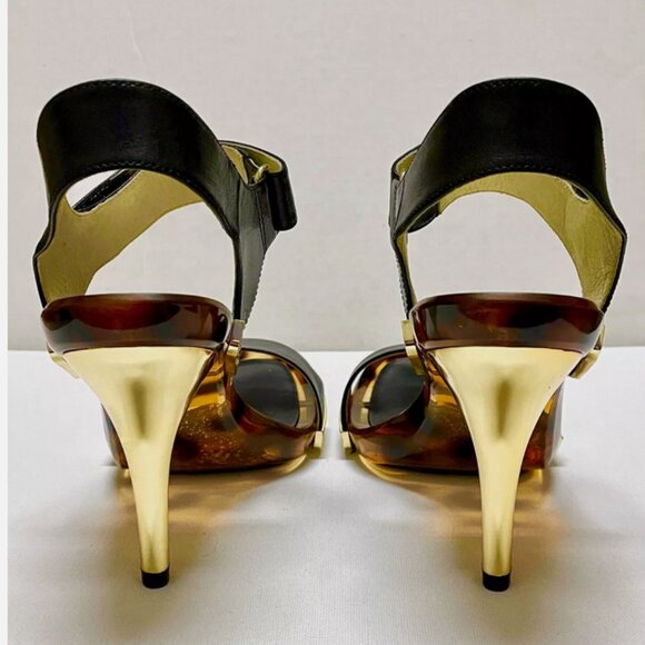 NEW MICHAEL KORS LANI SANDALS BLACK LEATHER 4" HEELS GOLD TORTOISE SHELL PUMPS 7 - Picture 8 of 13